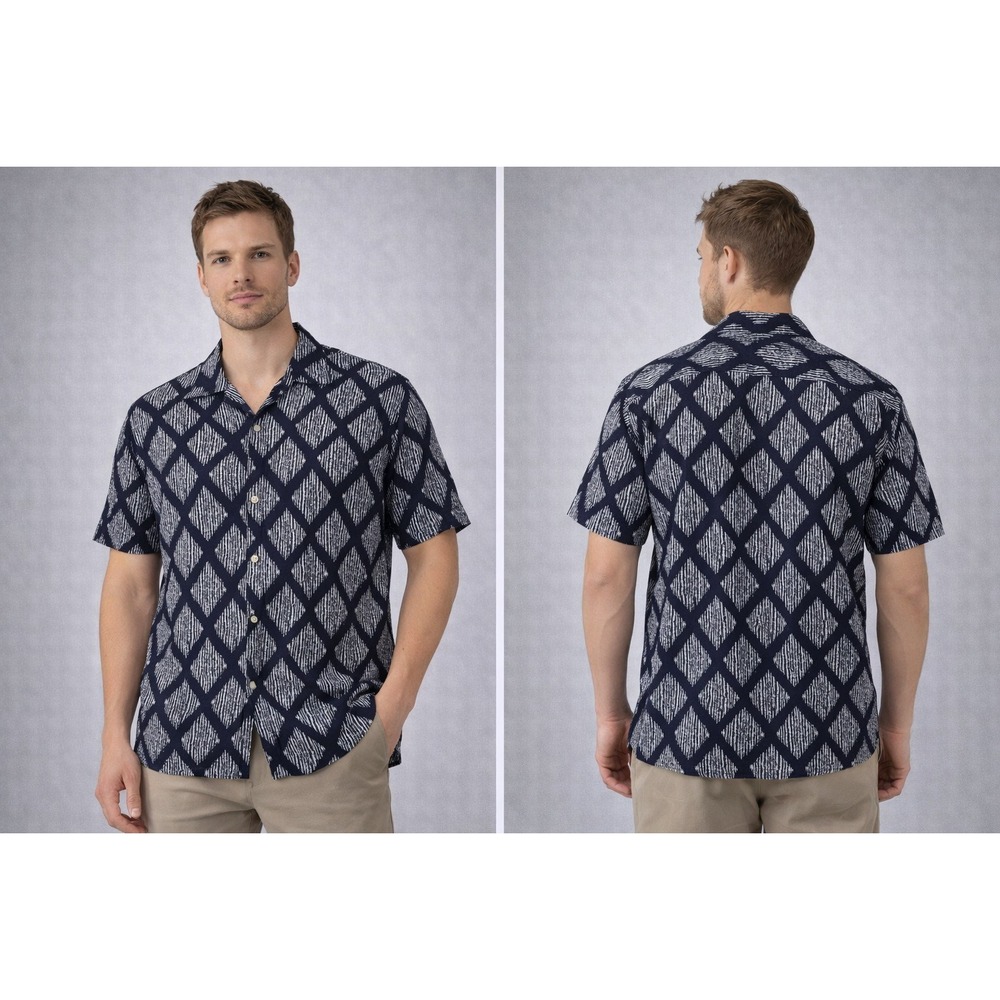 Zara Relaxed Fit Shirt Mens Large Navy White Ikat Pattern‎ Button Front Resort